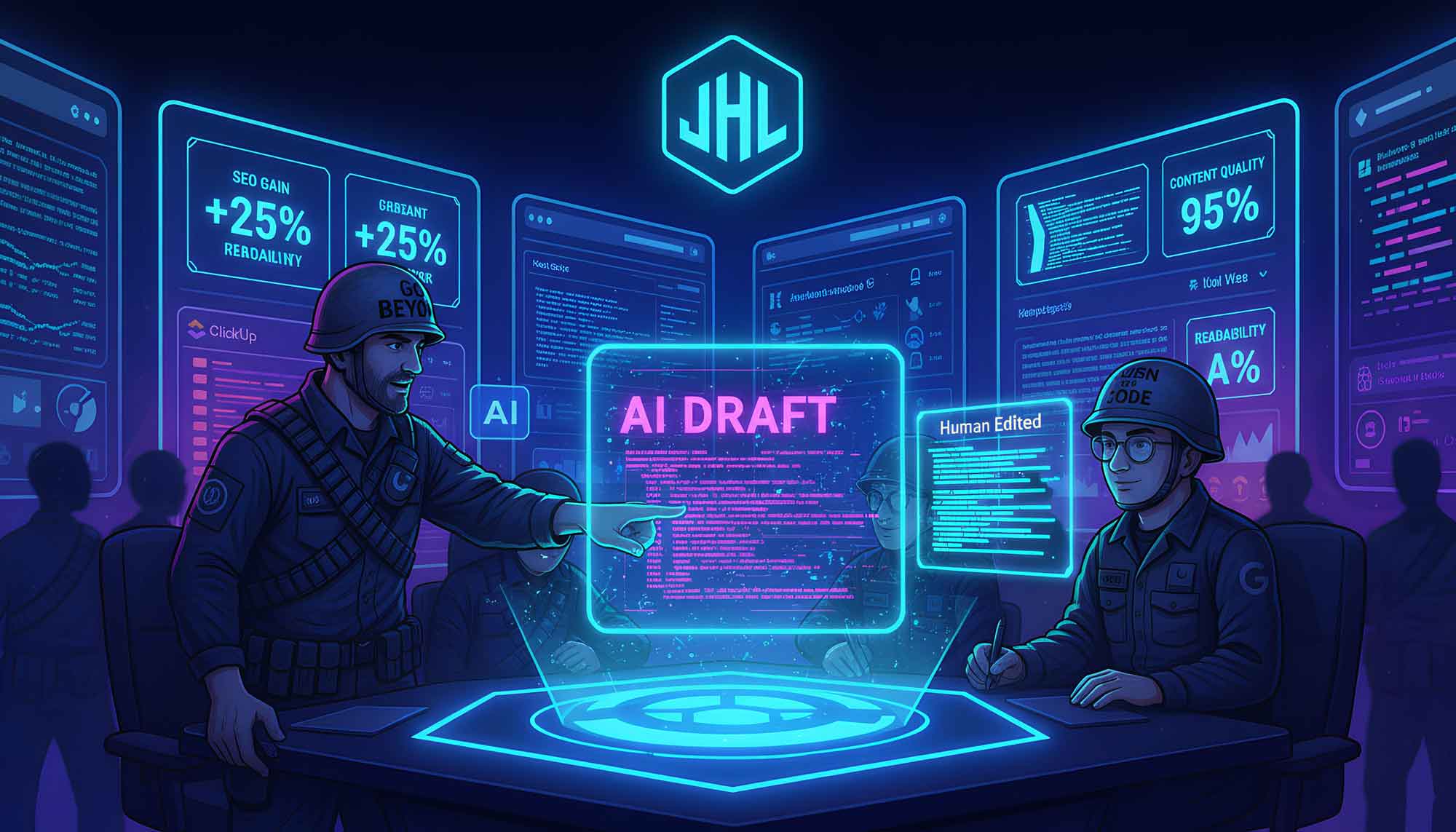 Jarhead Labs team reviewing AI draft and human edited content in neon mission control room