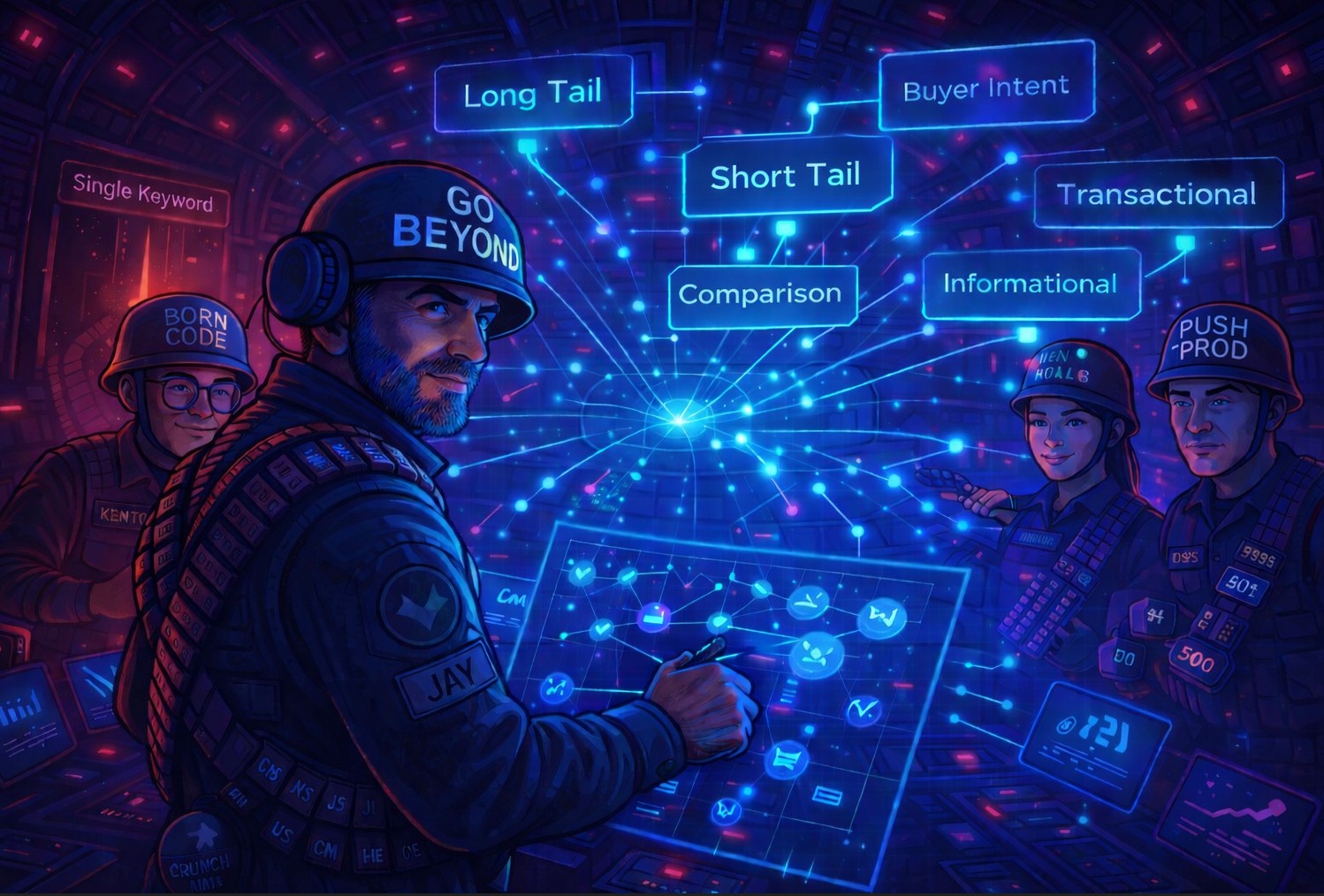 Jarhead Lab tactical team expanding keyword strategy across multiple search intent pathways in neon command center